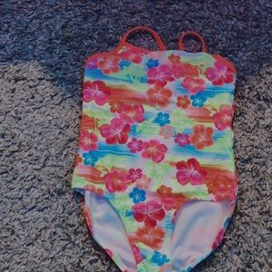 One-piece Girls bathing suit -floral and bright-